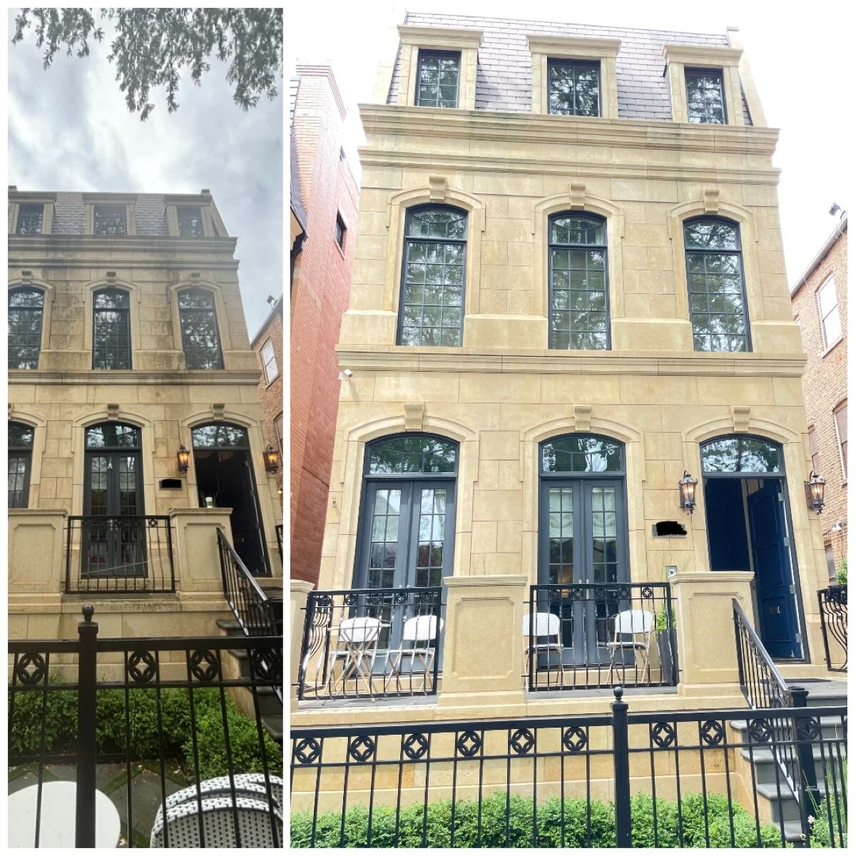 Building soft washing — worker applying low-pressure foam to a commercial brick facade, thick white solution cascading down the wall