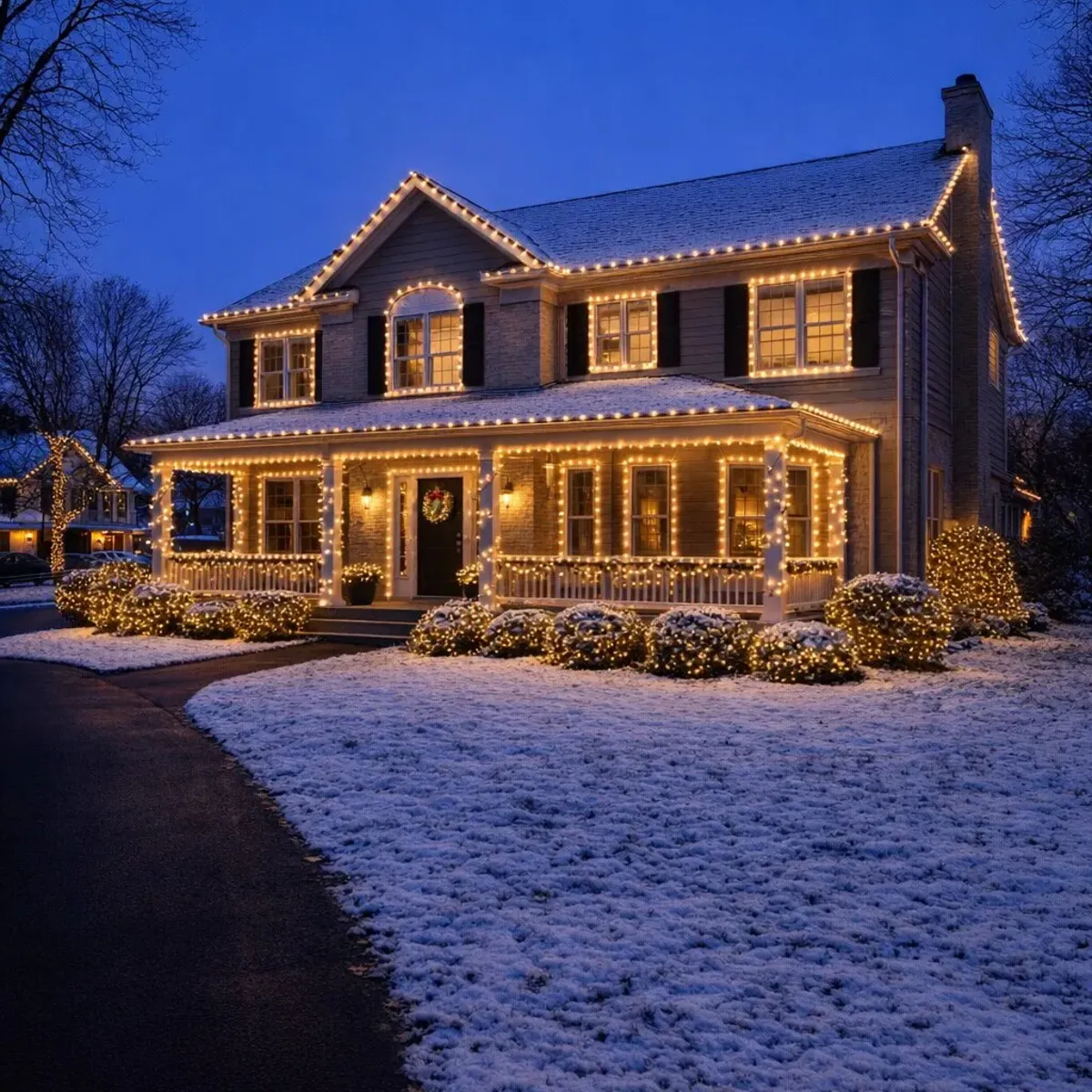 Sparkle Service worker wrapping warm white LED Christmas lights around an evergreen shrub at a residential home