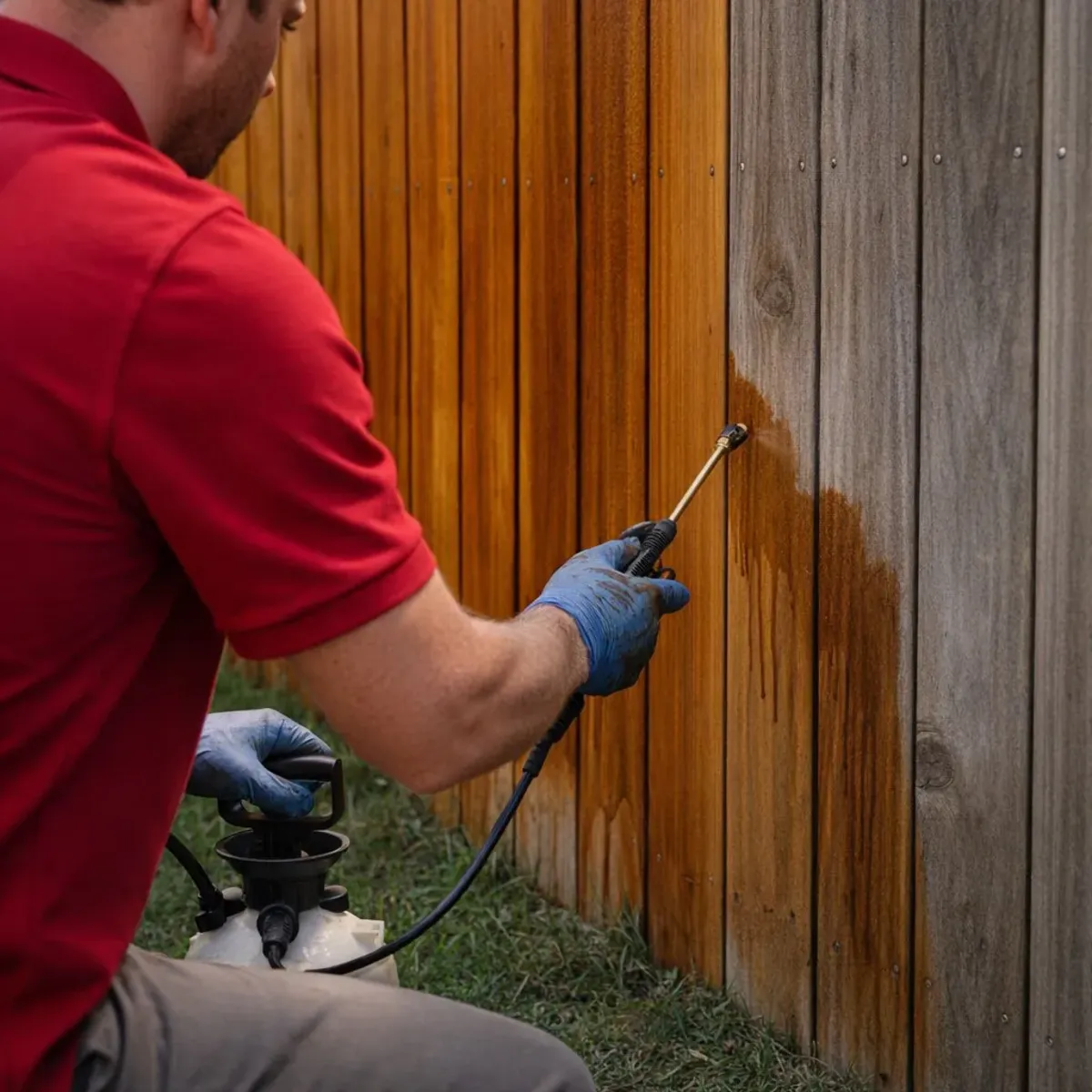 Fence staining in progress — worker applying cedar stain to a wood privacy fence with a pump sprayer