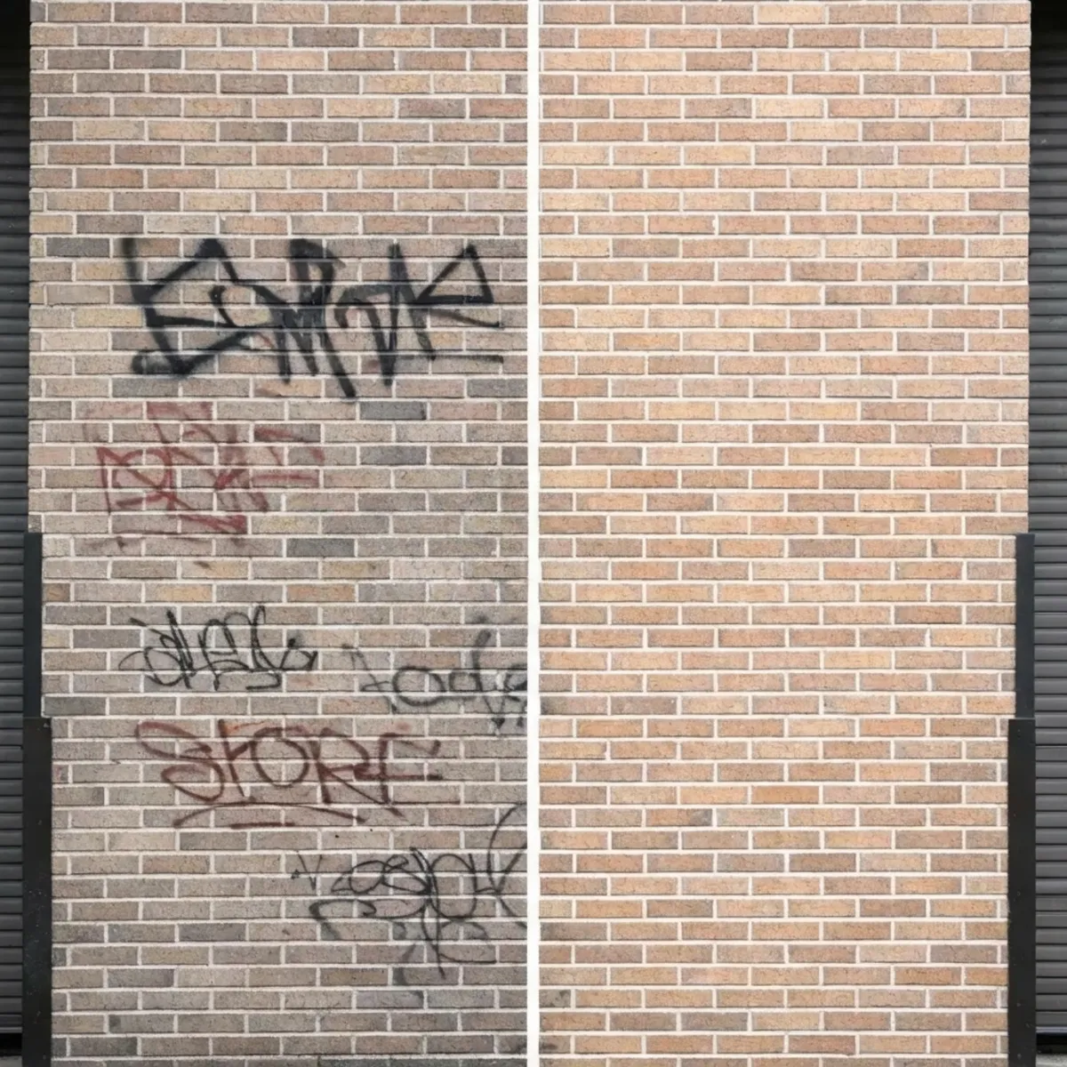 Sparkle Service employee applying graffiti removal solution to a commercial brick wall with a pump sprayer