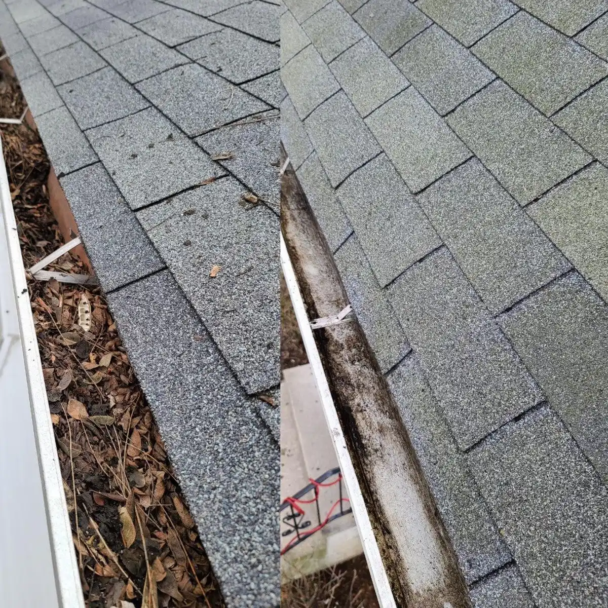 Gutter cleaning before and after — gutter packed with leaves on left, clean and clear on right