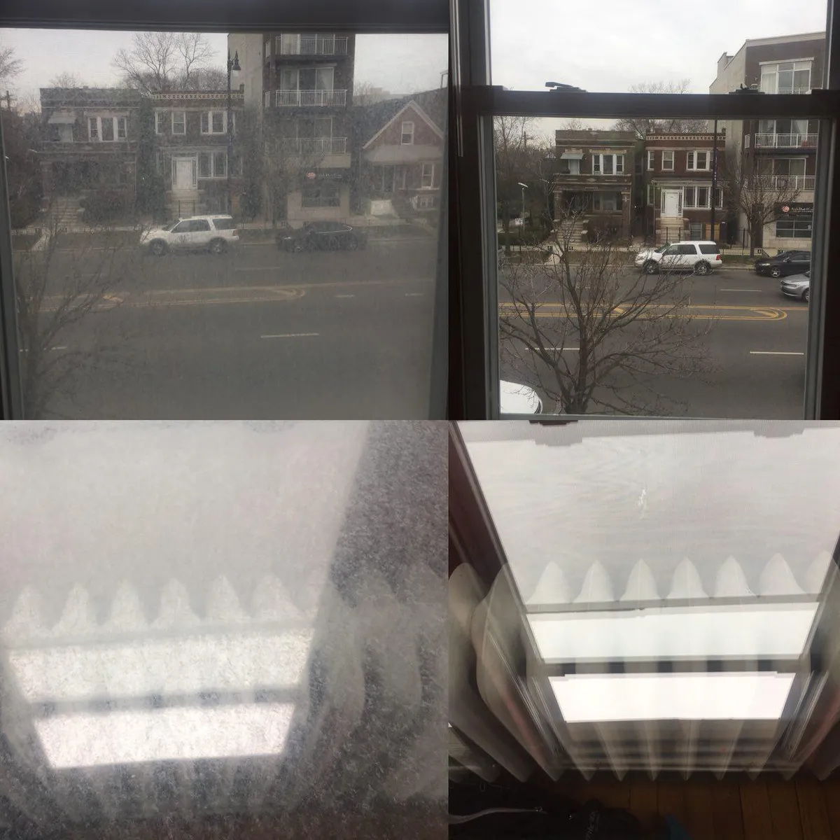 Hard water stain removal before and after — hazy mineral-stained windows on left, clear restored glass on right