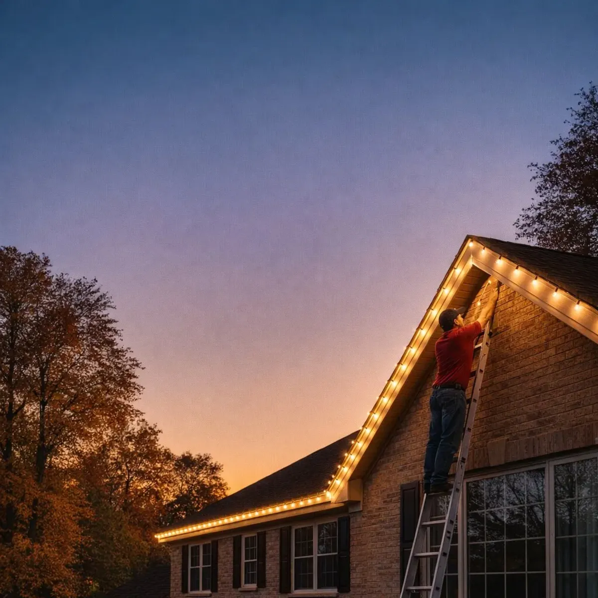 Sparkle Service worker on a ladder installing holiday lights along a residential roofline
