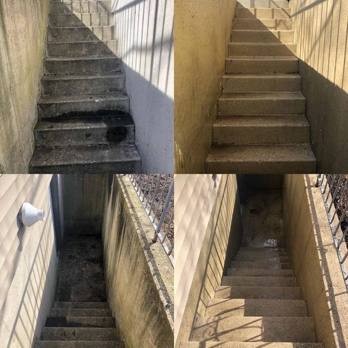 Pressure washing before and after — brick steps with dark grime on left, clean bright brick on right