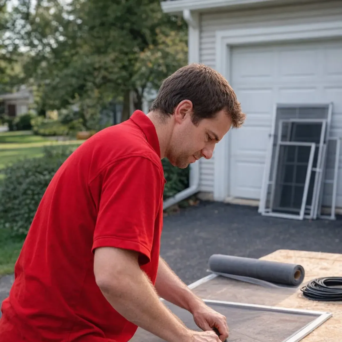 Screen repair — worker pressing new mesh into a window screen frame at a work table
