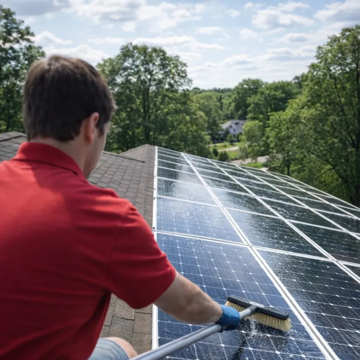 Sparkle Service worker cleaning solar panels on a residential roof with a soft-bristle brush