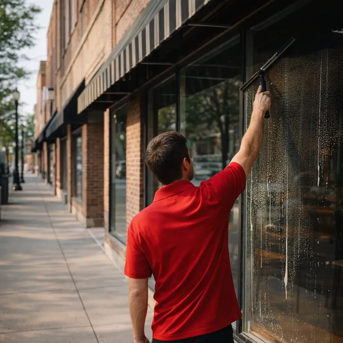 Storefront window cleaning — worker using a squeegee on large commercial glass with awning overhead