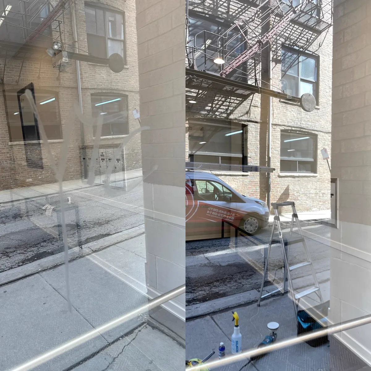 Window cleaning before and after - dirty hazy glass on left, crystal clear on right