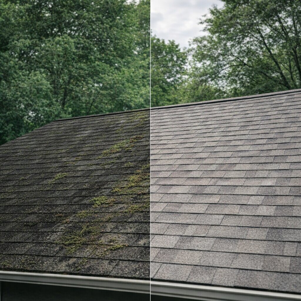 Roof soft washing before and after — dark algae-stained shingles on the left, clean restored shingles on the right