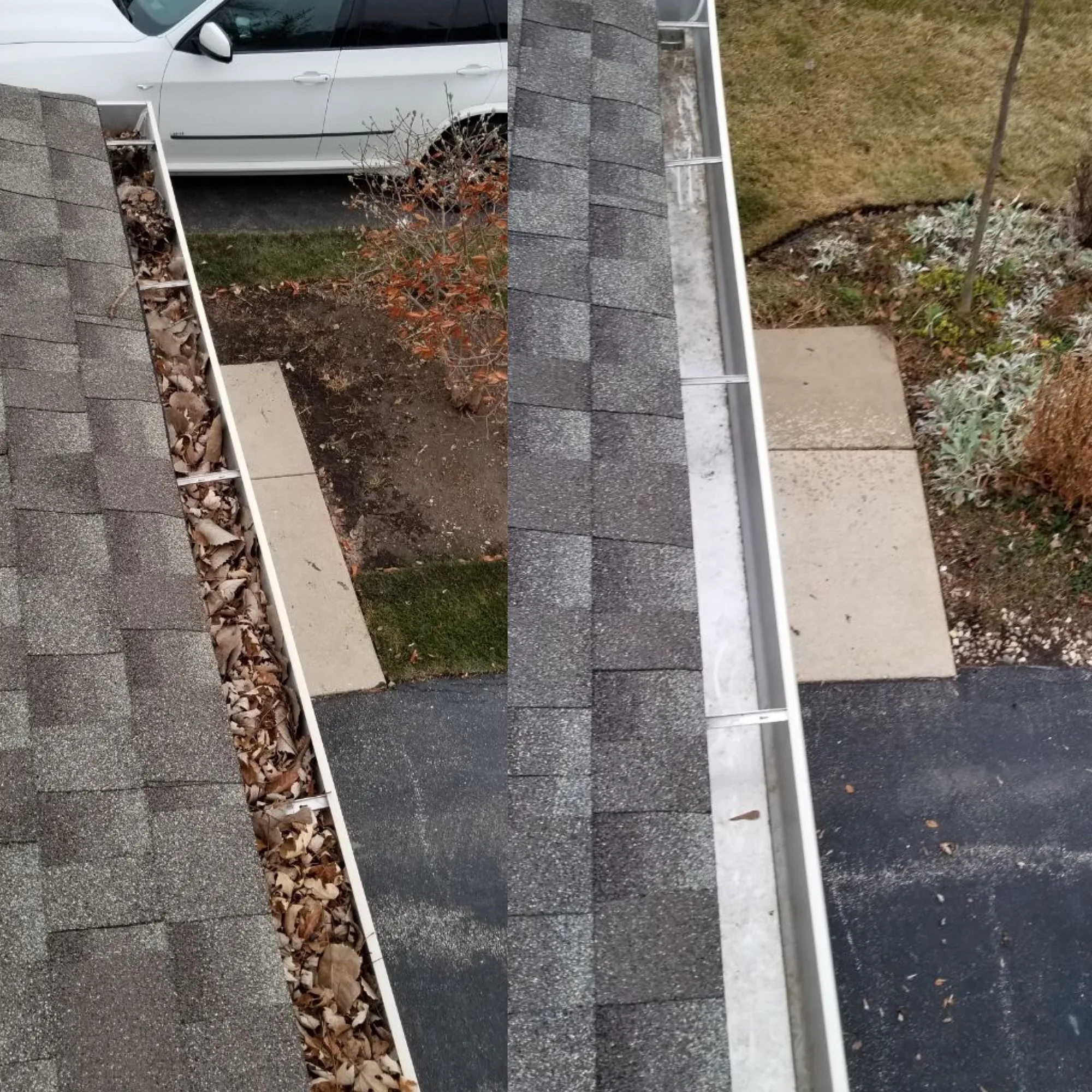 Before and after: gutter filled with leaves, then fully cleared
