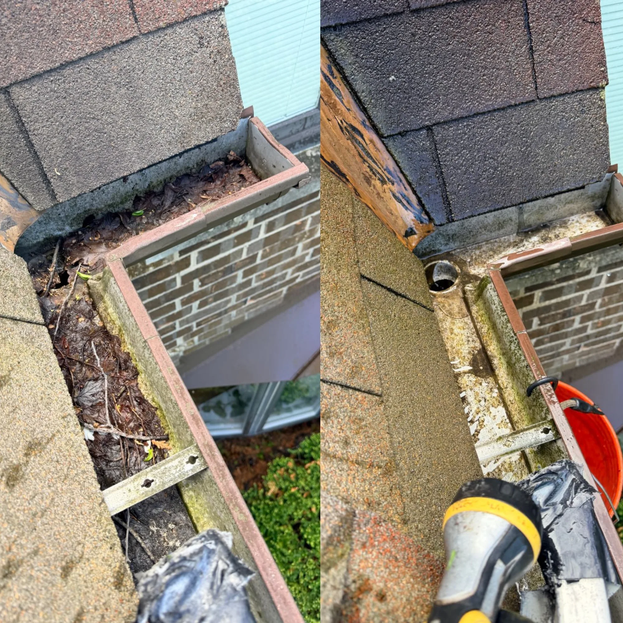 Downspout outlet blocked by wet leaves, then cleared and flushed with water