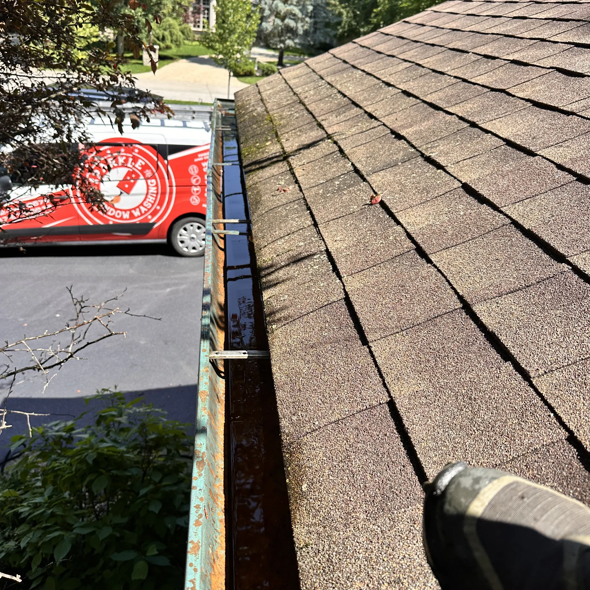 Clean gutter holding standing water because the downspouts were plugged