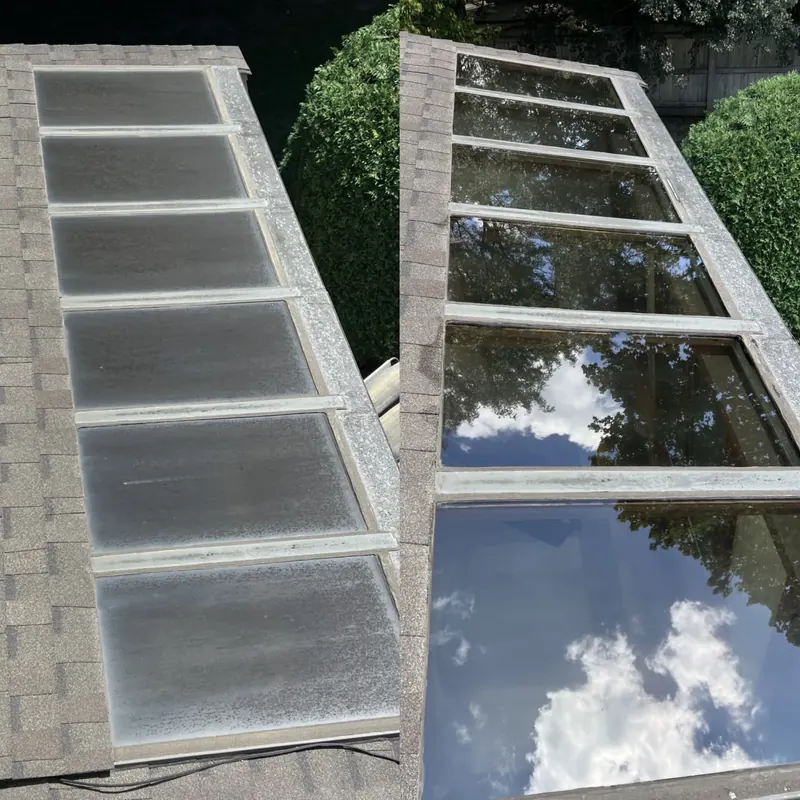 Sloped skylight glass, before and after cleaning