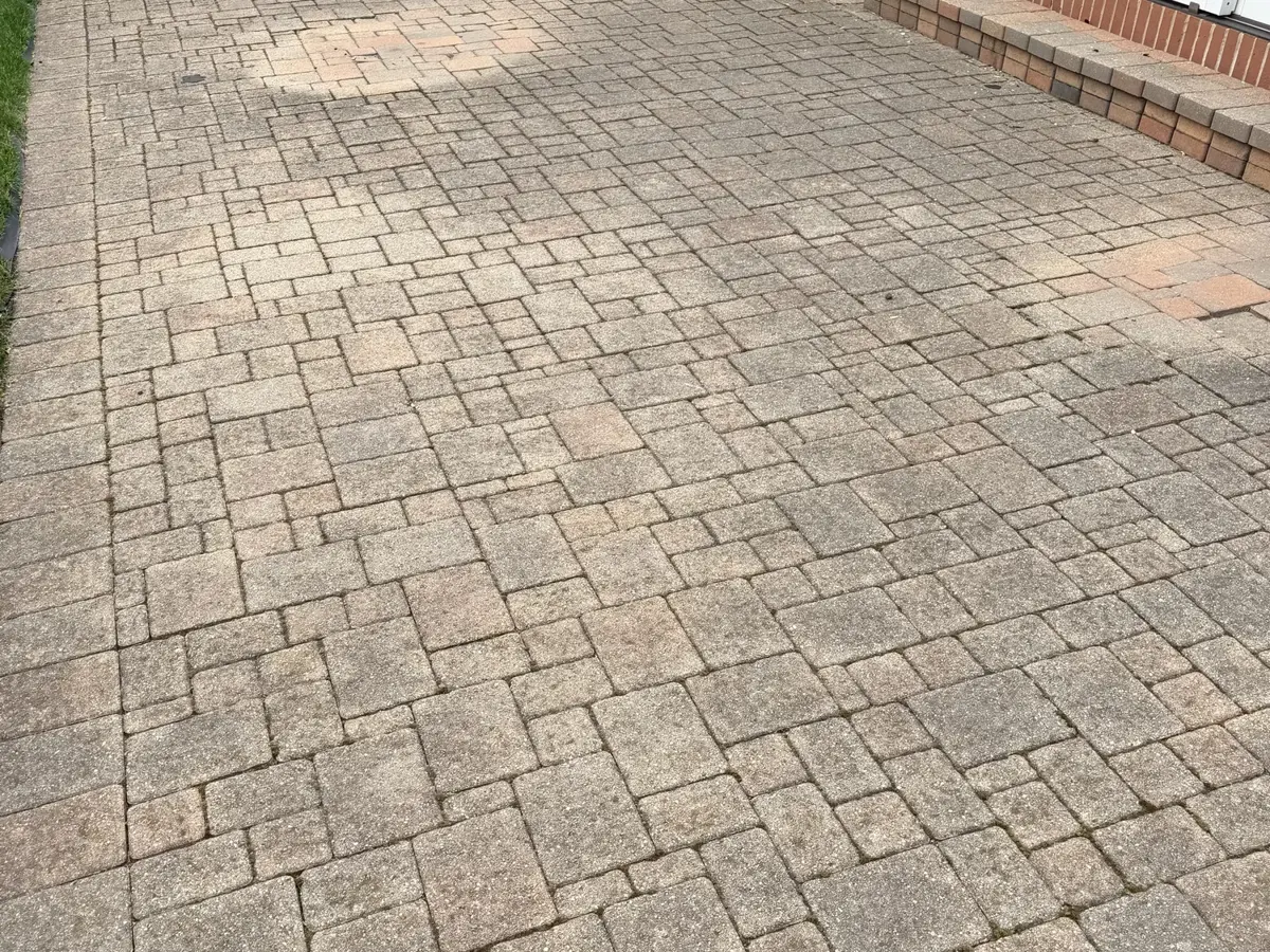 Paver patio before washing, the pavers greyed and dulled with growth in the joints