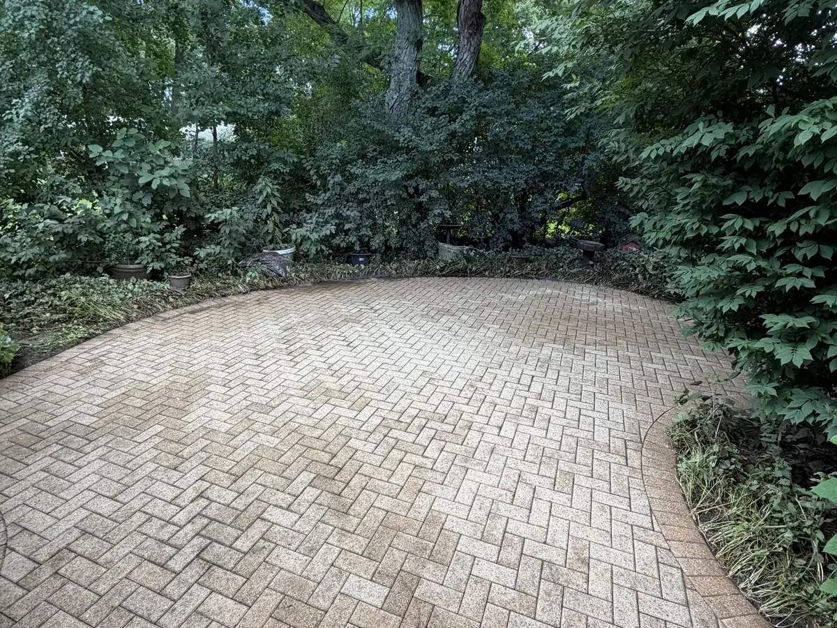 The same herringbone brick patio after washing, the brick back to a clean red and buff