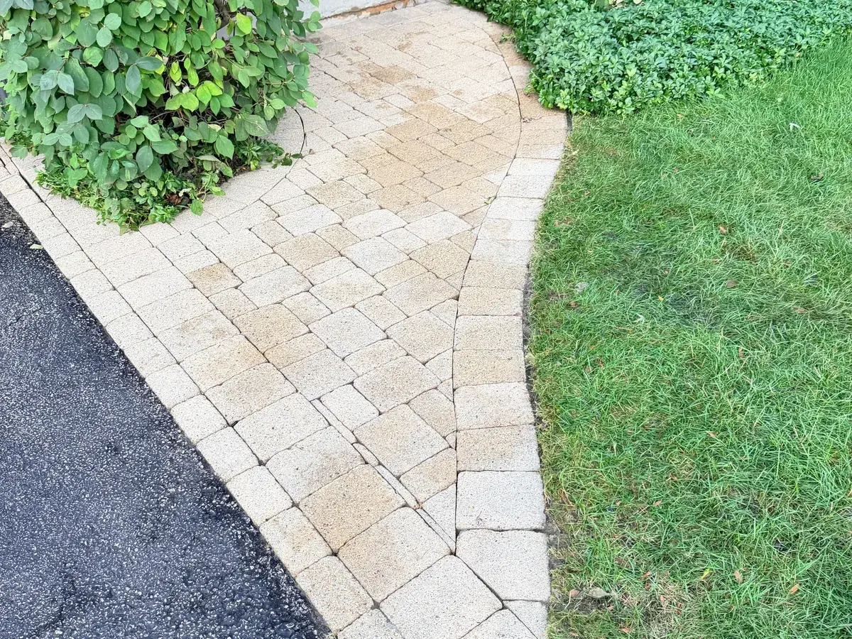 The same paver front walk after washing, joints clear and the pavers back to a sand colour
